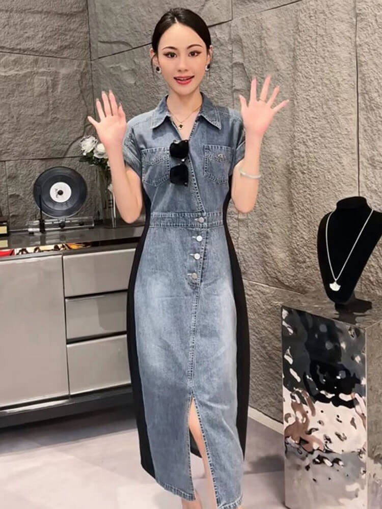 Đầm jean cổ bẻ phối thun