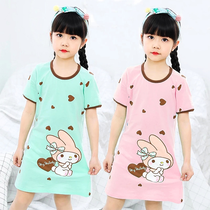 Đầm ngủ bé gái cotton mát mẻ hình thỏ cute cho bé 4-10 tuổi – DN001