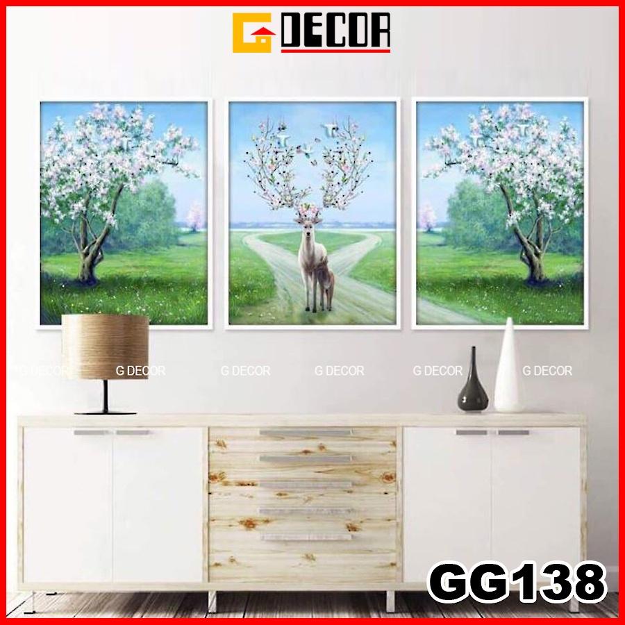 Tranh treo tường canvas khung gỗ 3 bức phong cách hiện đại Bắc Âu tranh hươu trang trí phòng khách phòng ngủ spa 138