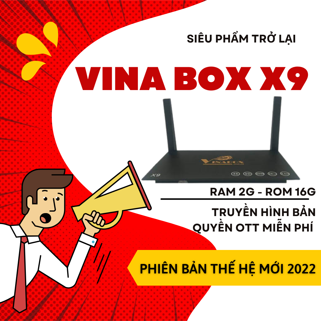 VinaBox X9 (Phiên Bản Thế Hệ Mới 2022) - Ram 2G/16G - Truyền Hình OTT Miễn Phí - Siêu Phẩm Trở Lại - Chất Lượng Bền Lâu - Hàng Chính Hãng