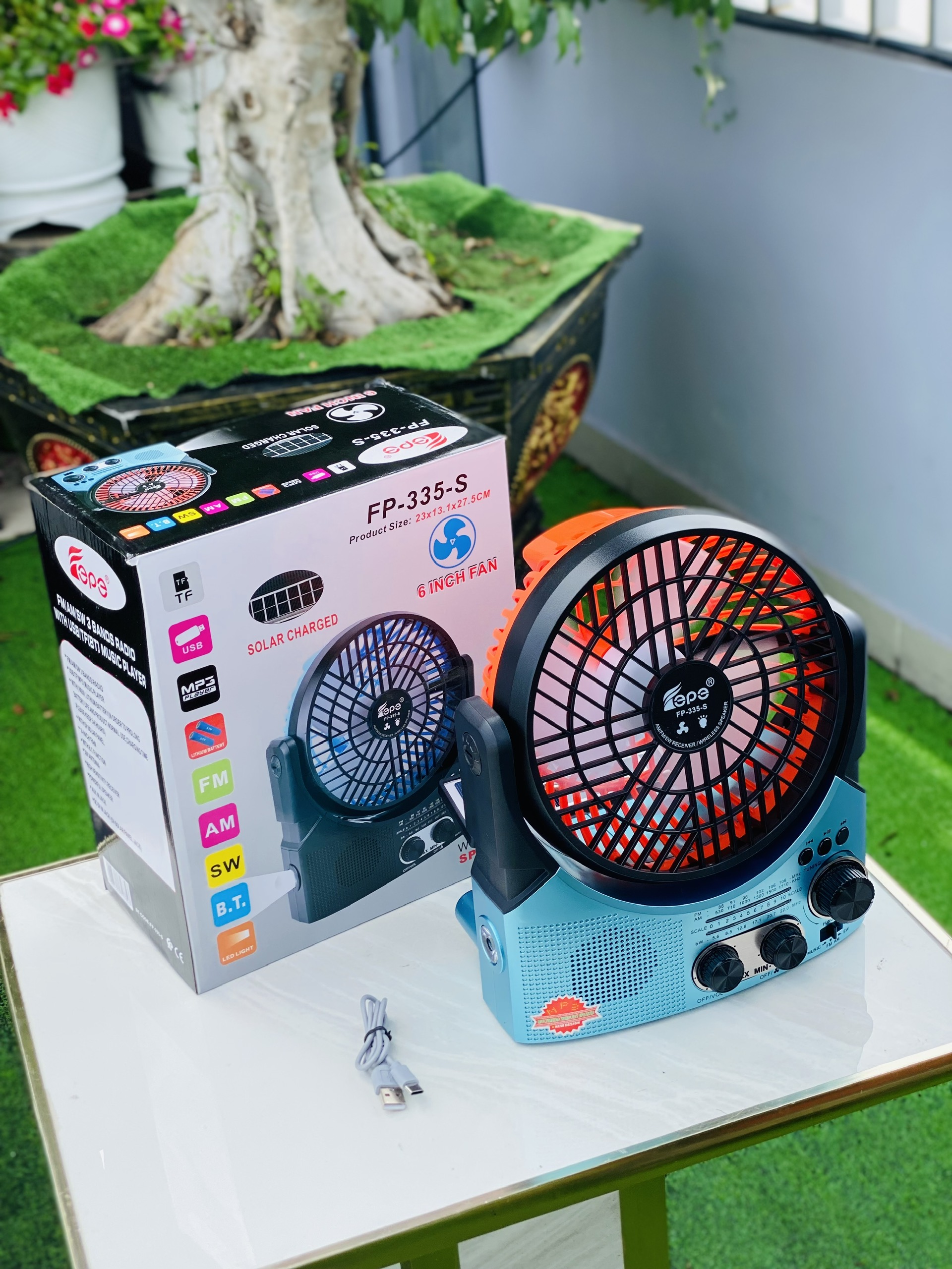 Quạt Đa Năng 4in1 FP 335S Có Năng Lượng Mặt Trời  Kèm Loa Nghe Nhạc, Đài FM, Đèn Pin FM, USB, TF Tiện Lợi Du Lịch Cắm Trại Dã Ngoại Hàng nhập Khẩu