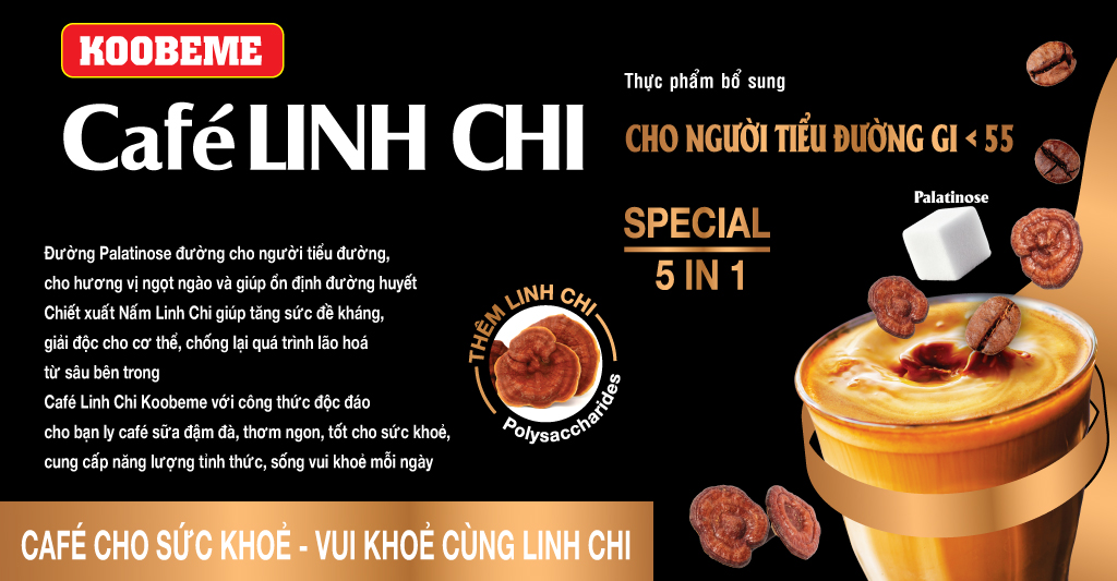 Cà phê hoà tan Café Linh Chi Special Koobeme cho người tiểu đường, ổn định đường huyết vị ngọt béo đậm đà Hộp 18 gói