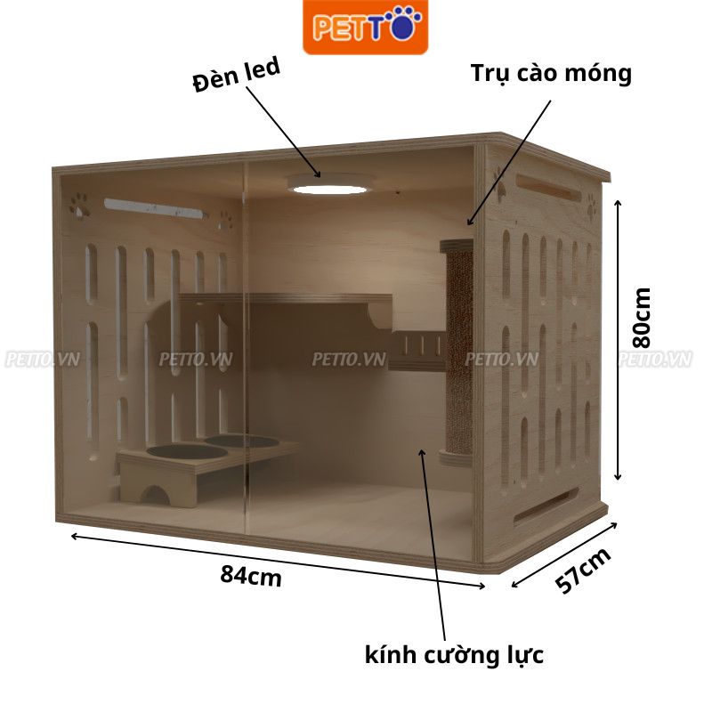 Tủ mèo bằng gỗ nhà mèo thiết kế THÔNG MINH kèm hệ thống ĐÈN LED cao cấp, kèm bát ăn tiện lợi CC018_1