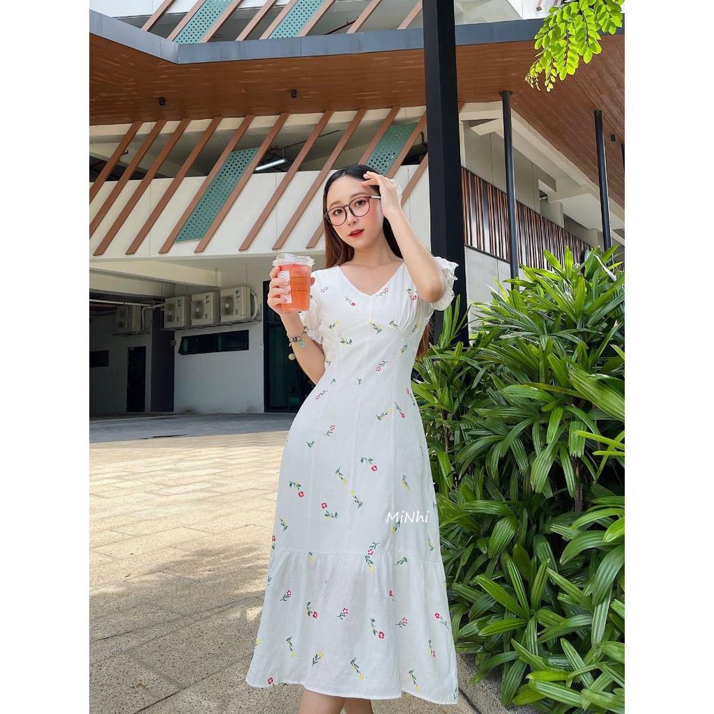 Đầm hoa nhí trắng nơ lưng, Váy hoa nhí cổ tim vải hoa mát mẻ Cao Cấp cổ V dáng xòe tay ngắn - MiNhi Đầm