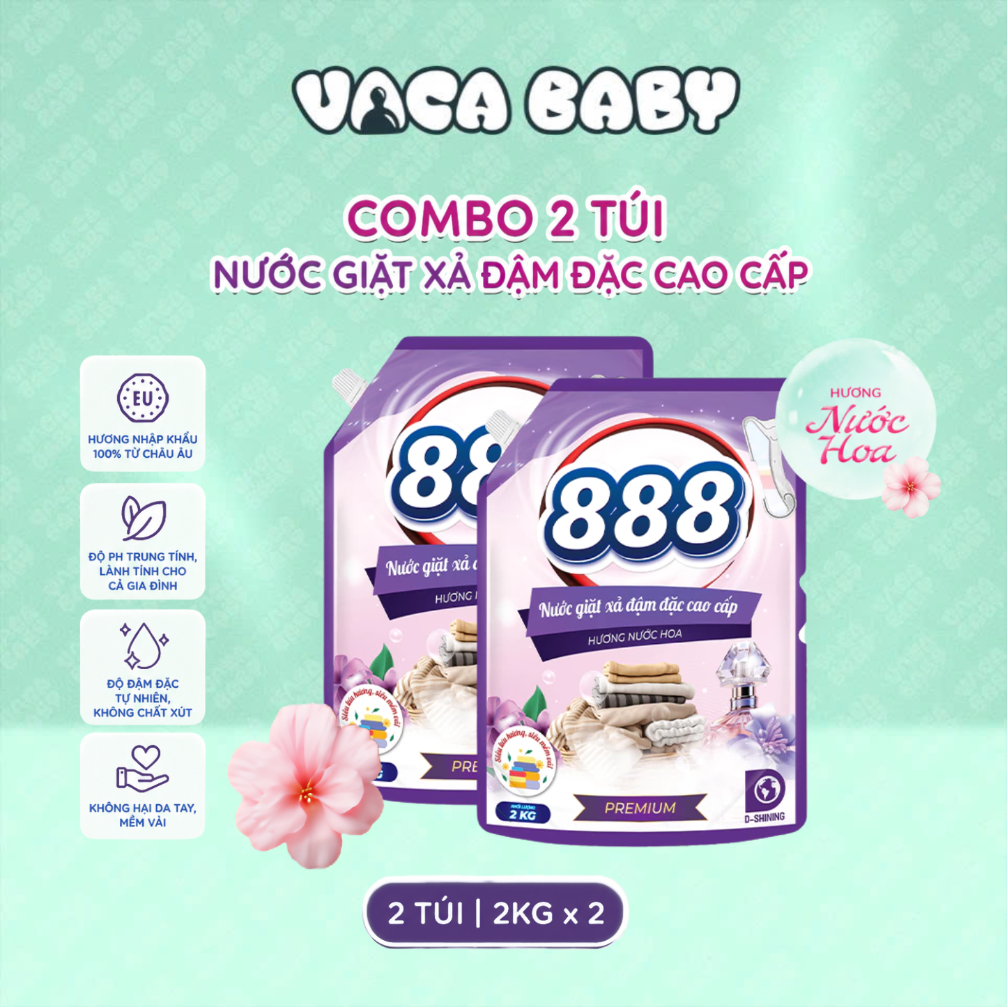 Combo 2 Túi Nước Giặt xả 888 Hương Nước Hoa Cao Cấp 2kg/Túi