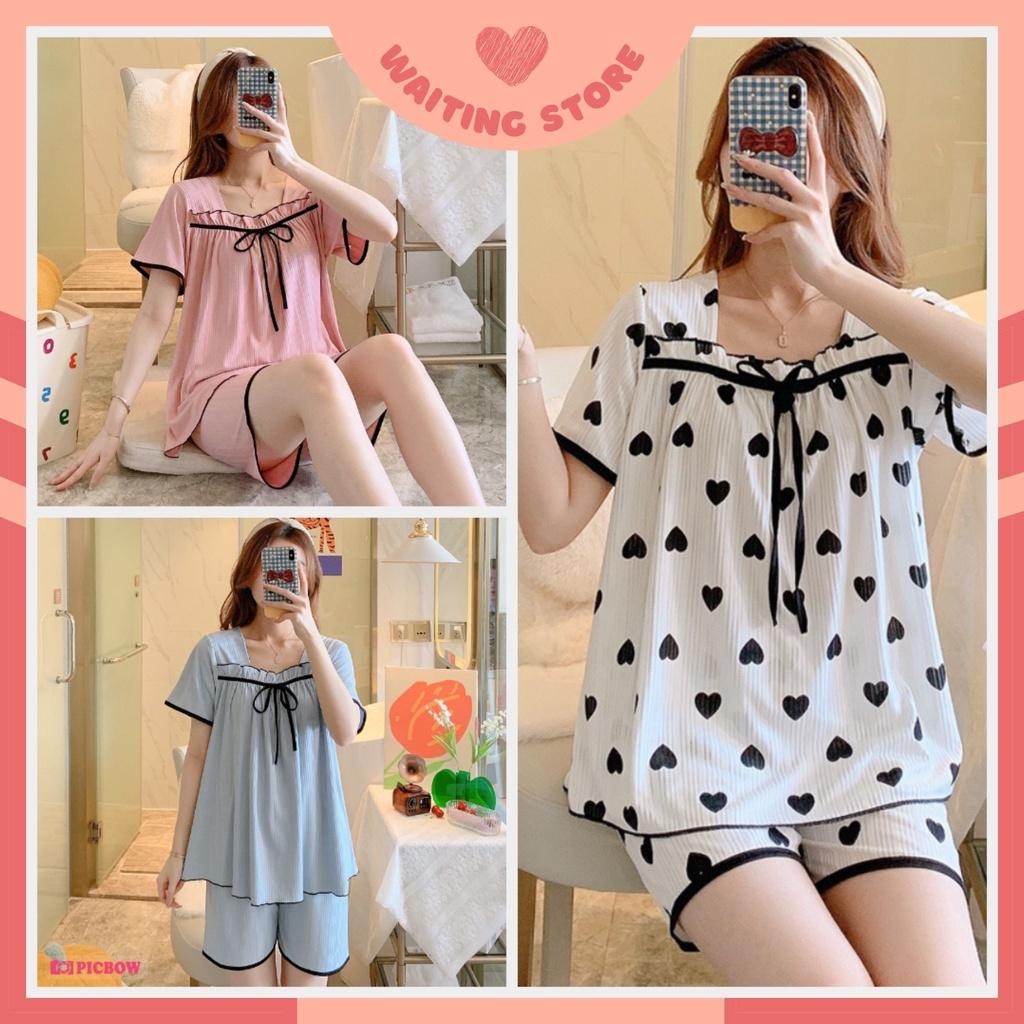 Đồ Bộ Nữ - Đồ Mặc Nhà Vải Thun Tay Cộc Quần Cộc Màu Trơn Phối Nơ Dễ Thương CCTT11