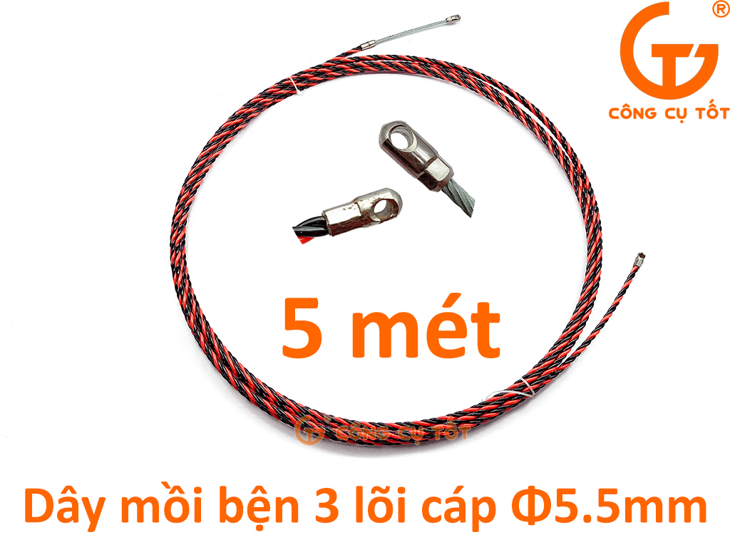 Dây mồi bện 3 lõi cáp Ø6mm cực khỏe vằn đỏ đen dài 5m