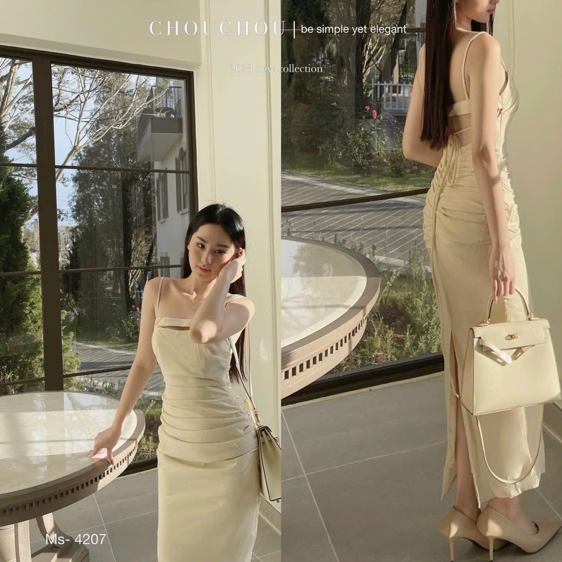 ĐẦM DÀI MIDI SUÔNG TRƠN CỔ U HAI DÂY XẺ TÀ XẾP LY TRẮNG KEM ĐI TIỆC DẠO PHỐ ĐI BIỂN