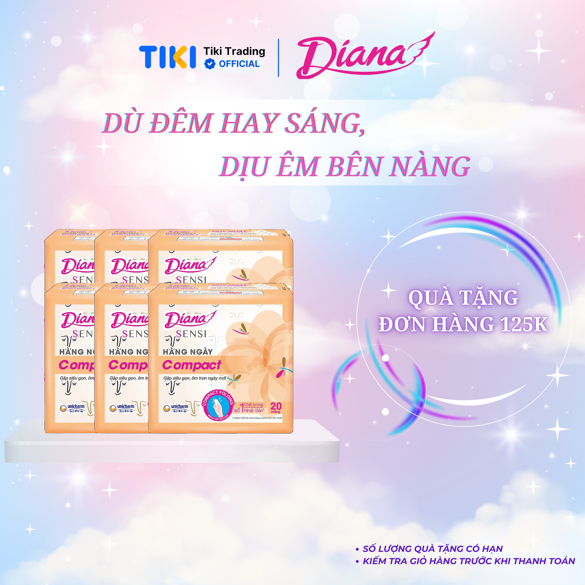 Combo 6 Băng Vệ Sinh Diana Hàng Ngày Compact Gói 20 Miếng