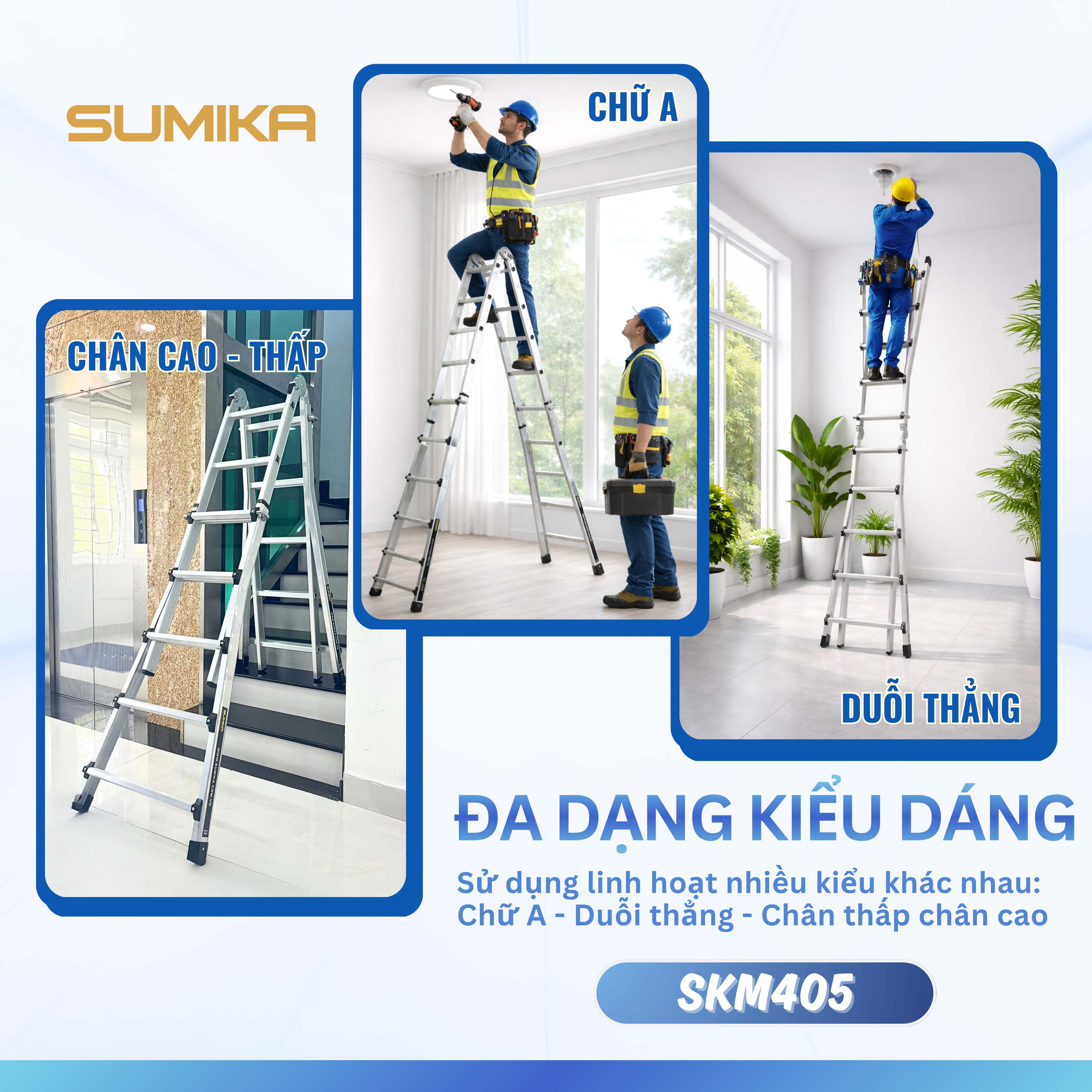 Thang nhôm rút lồng đa năng SUMIKA SKM405 - Chữ A cao nhất 2.5m, chữ I cao nhất 5.0m, tải trọng 300kg