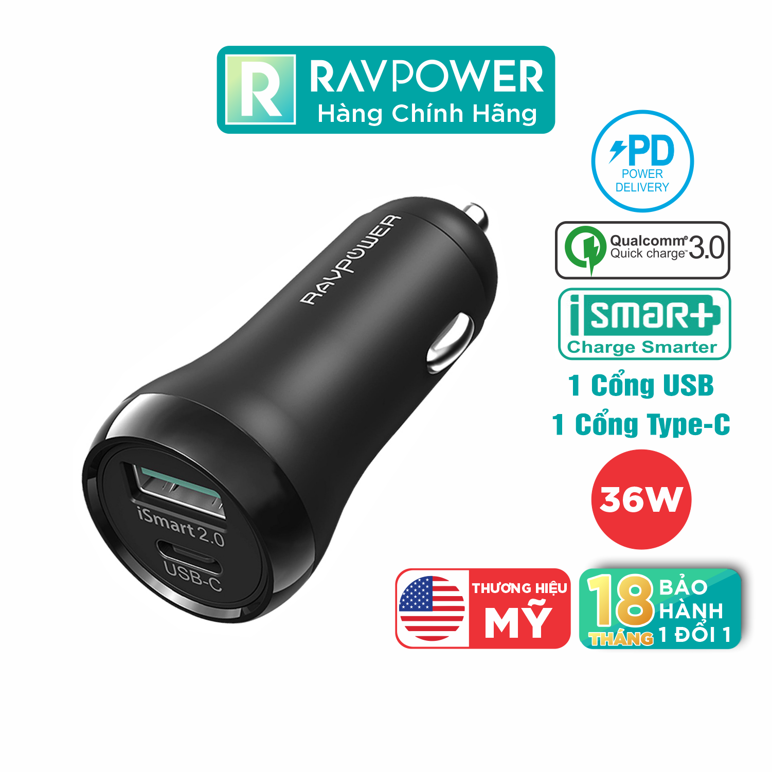 Sạc Xe Hơi 1 USB + 1 USB Type C RAVPower RP-PC091 Hỗ Trợ Sạc Nhanh PD Power Delivery 18W và Quick Charge 3.0 - Hàng Chính Hãng