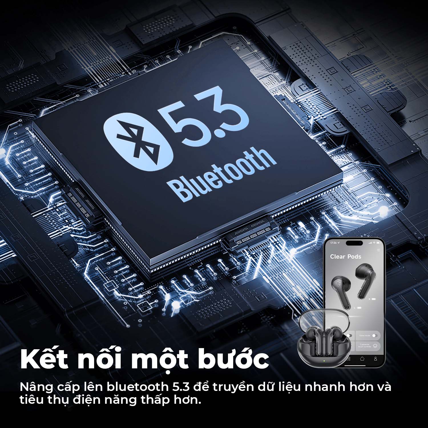 Tai nghe True Wireless SoundPEATS ClearPods | Trong suốt Trendy | Mic Kép ENC | Bluetooth 5.3 - Hàng Chính Hãng