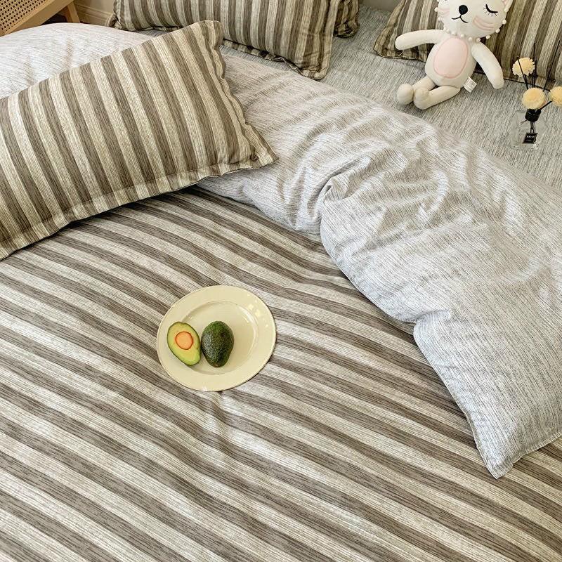 Bộ chăn ga gối Cotton poly M2T Bedding Xám sọc, vỏ chăn mền, drap nệm và 2 vỏ gối