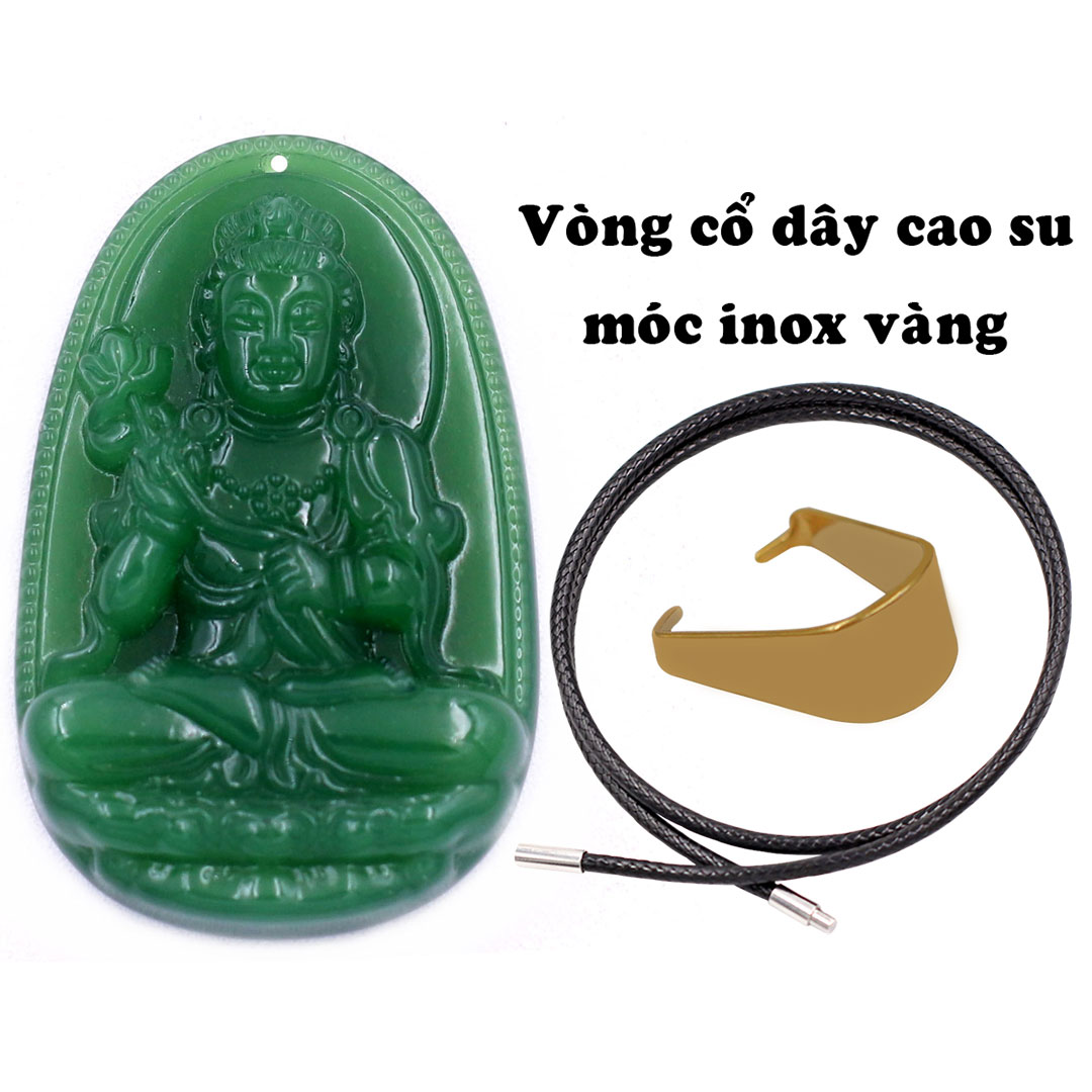 Mặt Phật Đại thế chí thạch anh xanh lá 5 cm kèm móc và vòng cổ dây cao su, Mặt Phật bản mệnh size L, mặt dây chuyền Phật