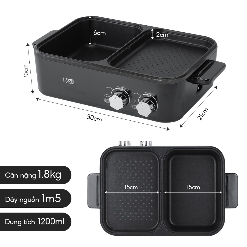 Nồi lẩu điện Sothing Lebenlang LBL8583 2 ngăn mini, bếp lẩu nướng 2in1, công suất 1300w, dung tích nồi lẩu 1200ml- hàng chính hãng