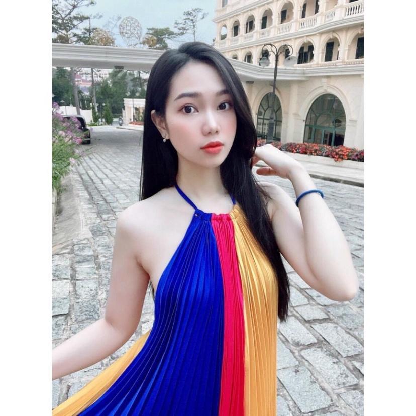 Đầm váy maxi phi dập ly cổ yếm hở lưng suông dài loang màu Ivy.fashion đi biển dự tiệc dạo phố bigsize gợi cảm sexy