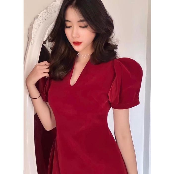Đầm Dạo Phố Nhung Đỏ Cổ V Siêu Xinh Cho Các Hot Girl BY8333