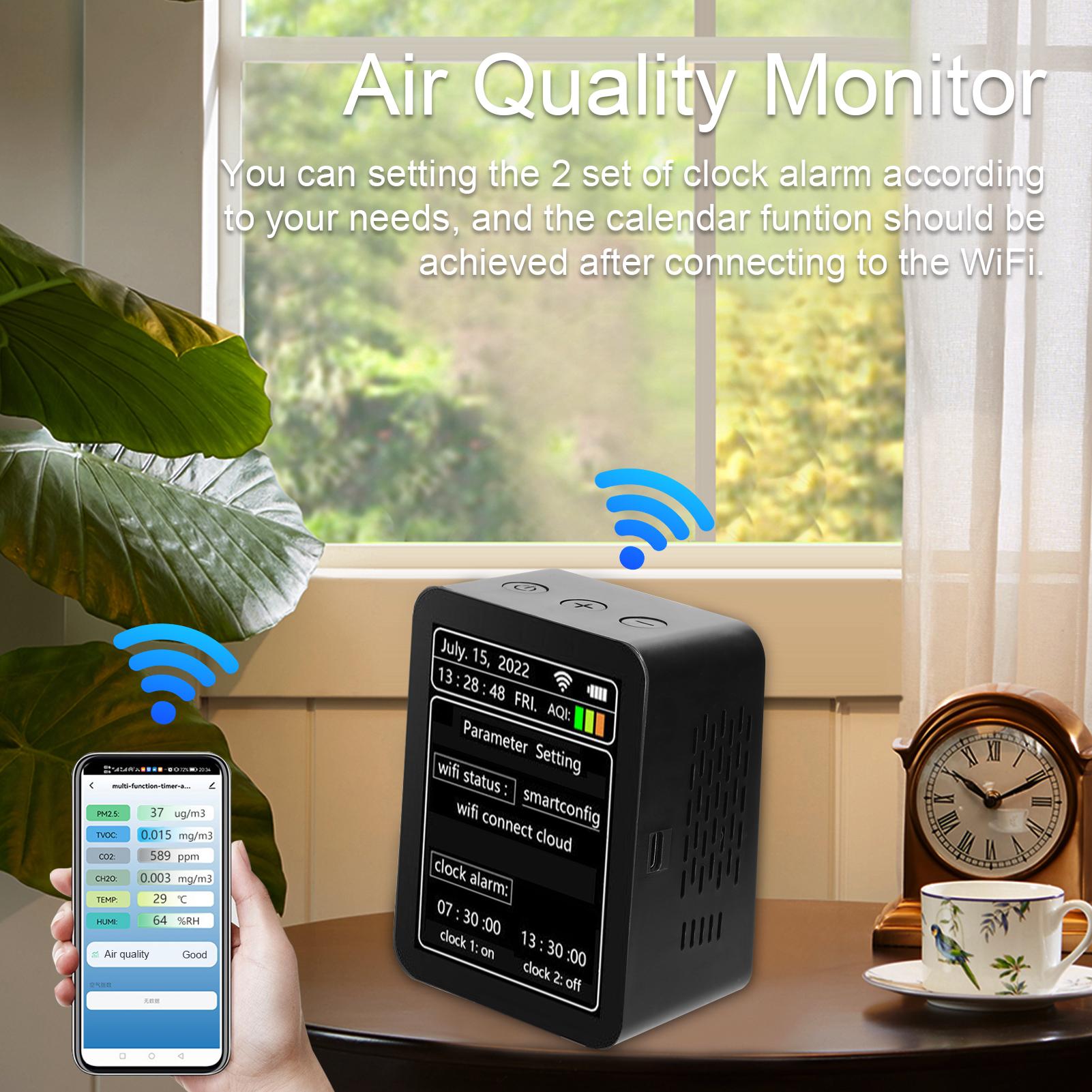 Tuya WiFi Intelligent Air Quality Detector PM2.5 CO2 TVOC HCHO Temperature Humidity AQI 7 In 1 Detector Time Date Week Display Mobilephone APP Remotes Viewing Home Indoor Desktop Air Quality Monitor