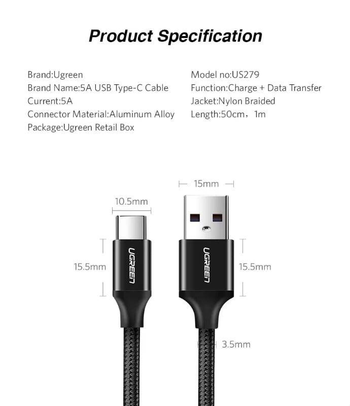 Ugreen UG50566US279TK 0.5M 5A Cáp dữ liệu USB Type-C sang USB 2.0 màu đen - HÀNG CHÍNH HÃNG