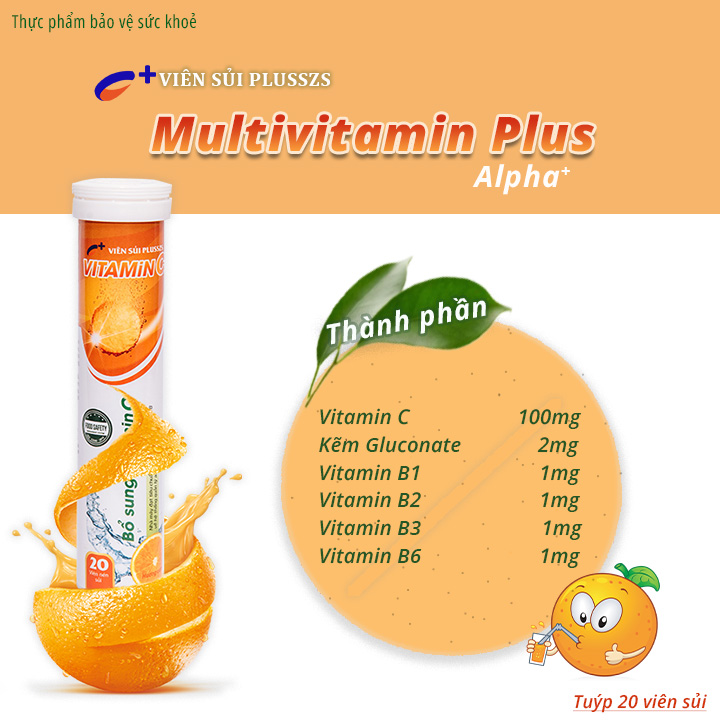 Viên sủi tăng cường đề kháng Alpha Plusszs Vitamin C hương cam thanh mát bổ sung vitamin và khoáng chất thiết yếu hỗ trợ sức khoẻ. Hộp 20 viên