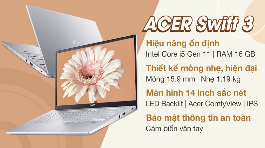 Máy Tính Xách Tay Laptop Acer Swift 3 SF314-511-55QE (Core i5-1135G7, 16GB, 512GB NVMe SSD, Intel Iris Xe Graphics, 14 inch FHD, Win11H, Sliver, 1.19Kg, 4 Cell) - Hàng Chính Hãng