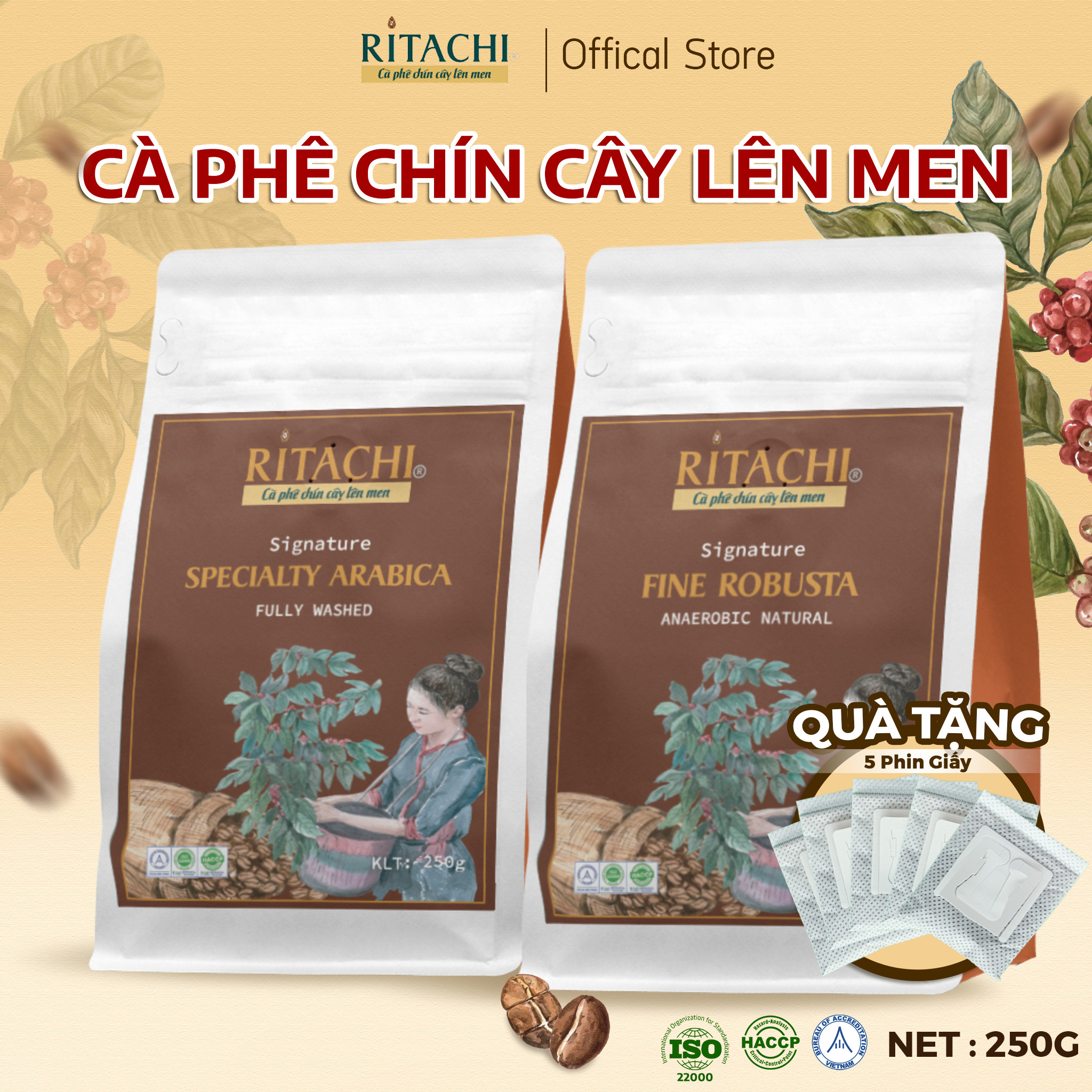 Combo Cà Phê Đặc Sản Đặc Biệt Ritachi, Cafe chín cây lên men, Công Nghệ Nhật, 100% Rang Mộc, Đậm Vị, Nguyên Chất Rang Mộc, Fine Robusta và Specialty Arabica