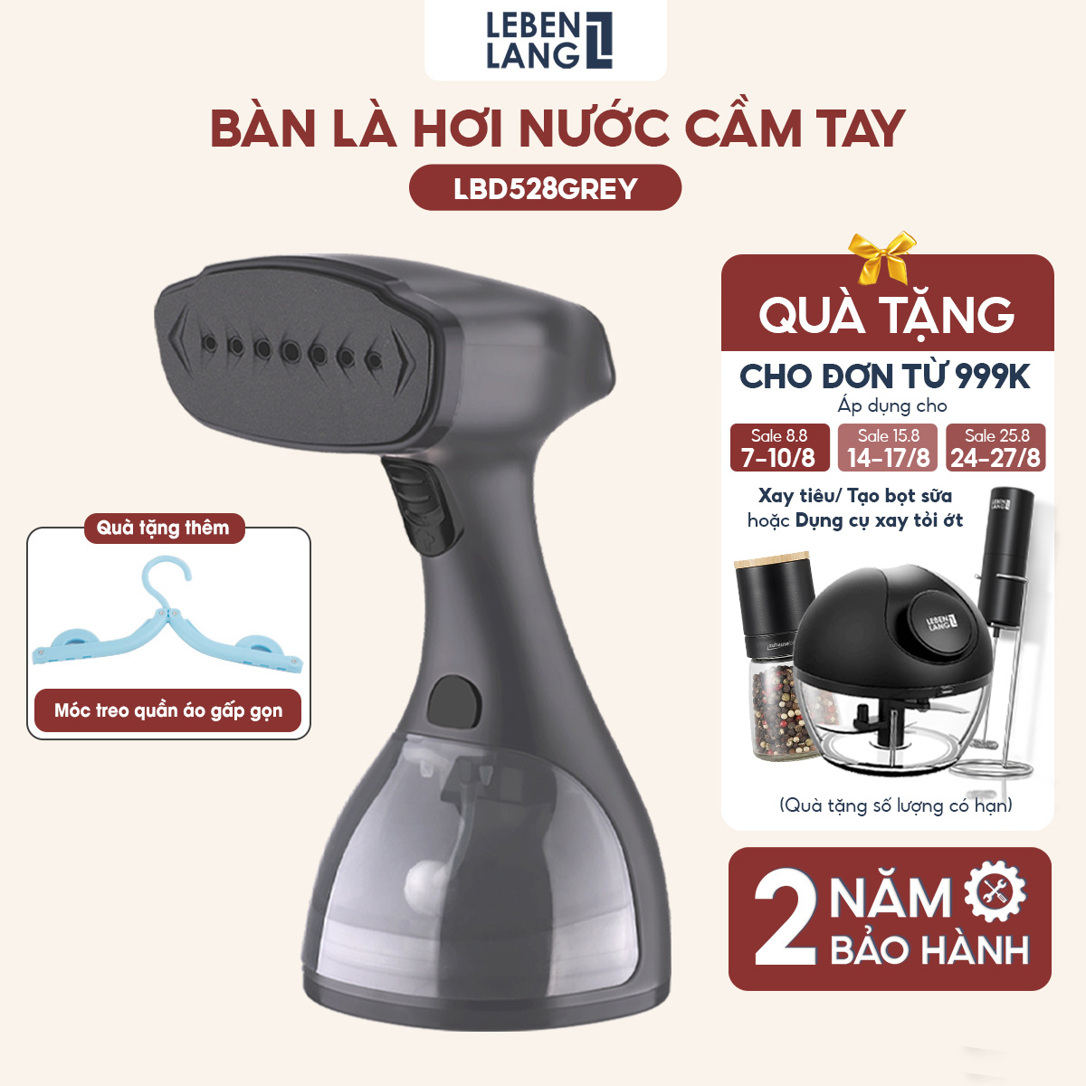 Bàn Là Hơi Nước Cầm Tay Lebenlang Công Suất 1500W, Dung Tích 300Ml Model Lbd528 - Hàng Chính Hãng - Màu Ghi