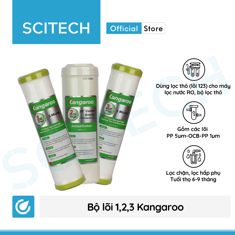 Bộ lõi số 1,2,3 10 inch by Scitech (Lõi PP5-OCB-PP1 dùng thay thế máy lọc nước Karofi, Kangaroo, Mutosi) - Hàng chính hãng