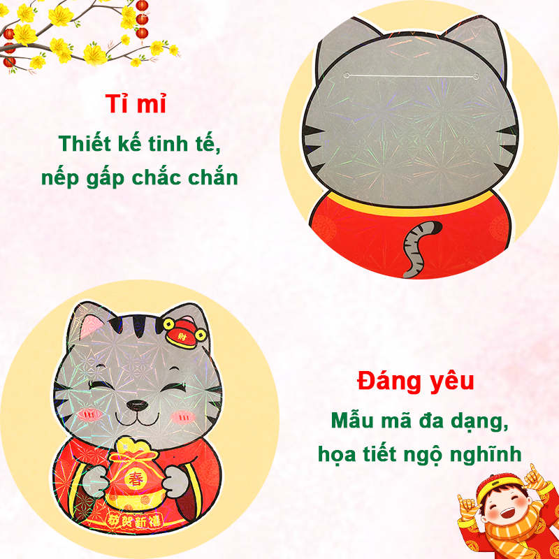 Bao lì xì chibi Quý Mão 2023 cao cấp, Bao lì xì Tết họa tiết hình mèo ngộ nghĩnh – LX006