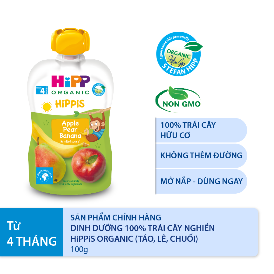 Dinh dưỡng 100% Trái cây nghiền Organic HiPPiS Táo lê Chuối