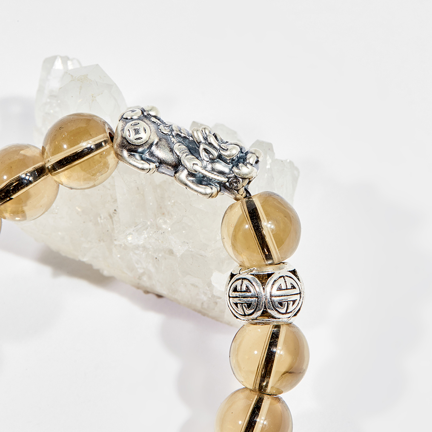Vòng tay phong thủy đá thạch anh khói charm bạc 12mm mệnh thủy , kim - Ngọc Quý Gemstones