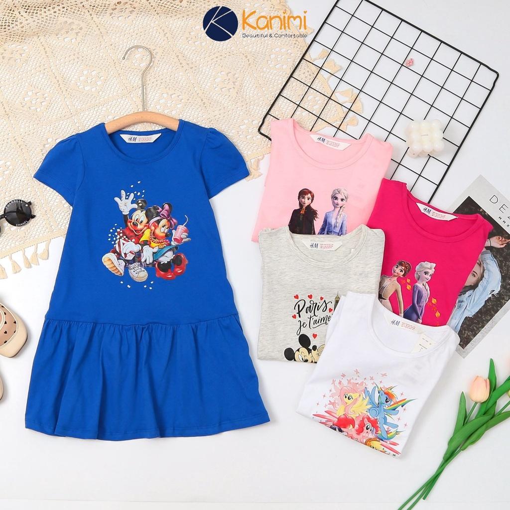 Váy cotton bé gái 2-10 tuổi cộc tay nối chuyền in 3D, Đầm cho bé thấm hút mồ hôi