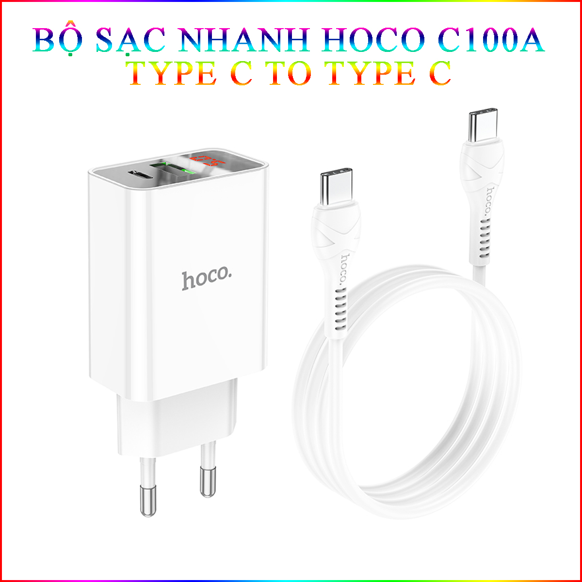 Bộ Sạc Nhanh Dành Cho Hoco C100A Pd20W Qc3.0 Type-C To Type-C Có Đèn Led Dây Dài 1M Hàng Chính Hãng