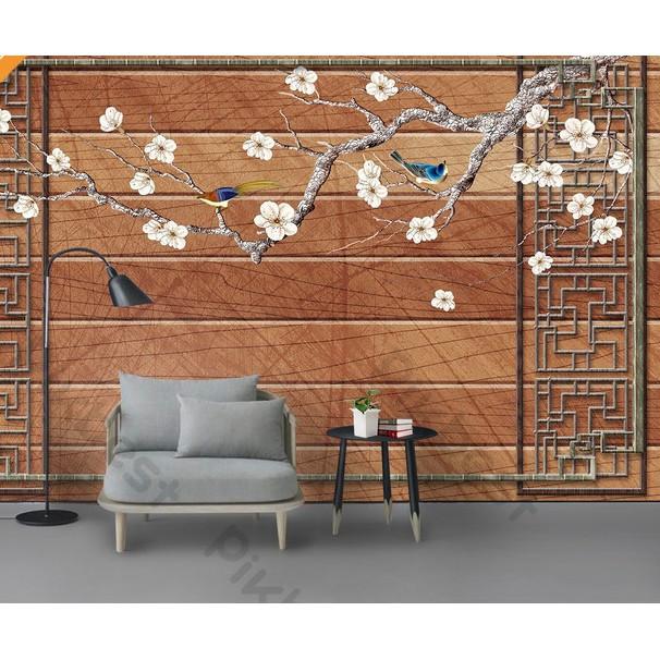 Tranh dán tường Hoa đào cổ điển phong cách sang trọng, tranh dán tường 3d hiện đại MS813048