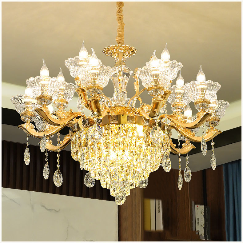 Đèn chùm trang trí, Đèn pha lê K9 CAO CẤP, Thân hợp kim mạ Vàng, TẶNG BÓNG LED ĐỔI MÀU, Ảnh công trình thực tế, Mã 5003