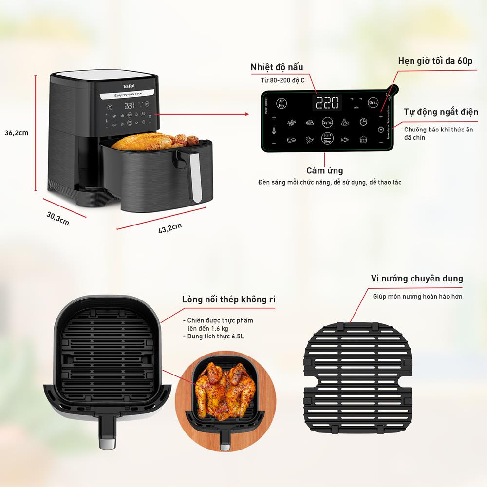 Nồi chiên không dầu Tefal 2in1 Easy Fry &amp; Grill 6.5L  XXL EY801815 - Hàng chính hãng