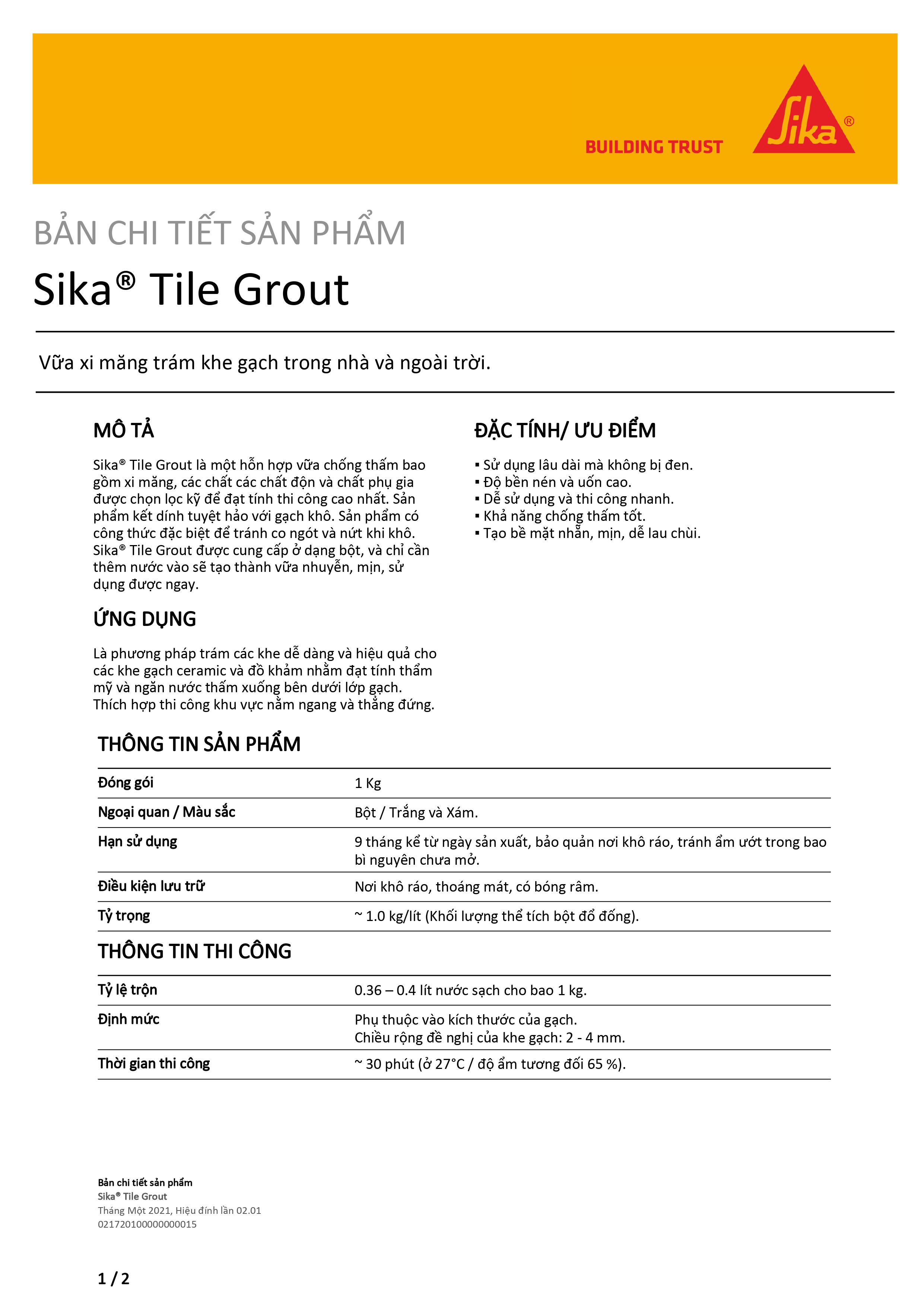 Keo chà ron chống thấm, chống bám bẩn - Sika TileGrout White