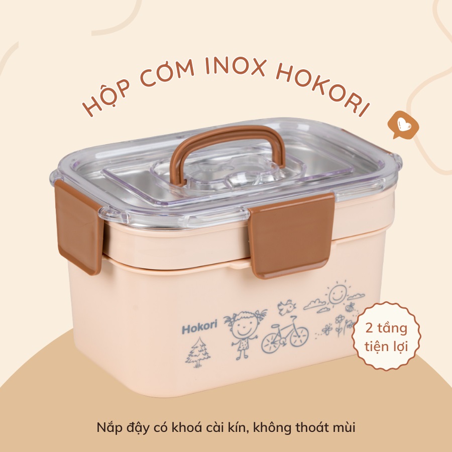 Hộp cơm giữ nhiệt Bento inox 2 tầng 3 ngăn VIỆT NHẬT HOKORI, hộp cơm nhỏ gọn phù hợp mang đi làm, đi học, Hộp Cơm Giữ Nhiệt, Cà Men