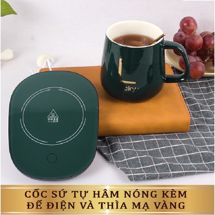Cốc hâm nóng đồ uống ,cốc chưng yến ,kèm đế điện và thìa mạ vàng cao cấp kèm hộp đựng sang trọng