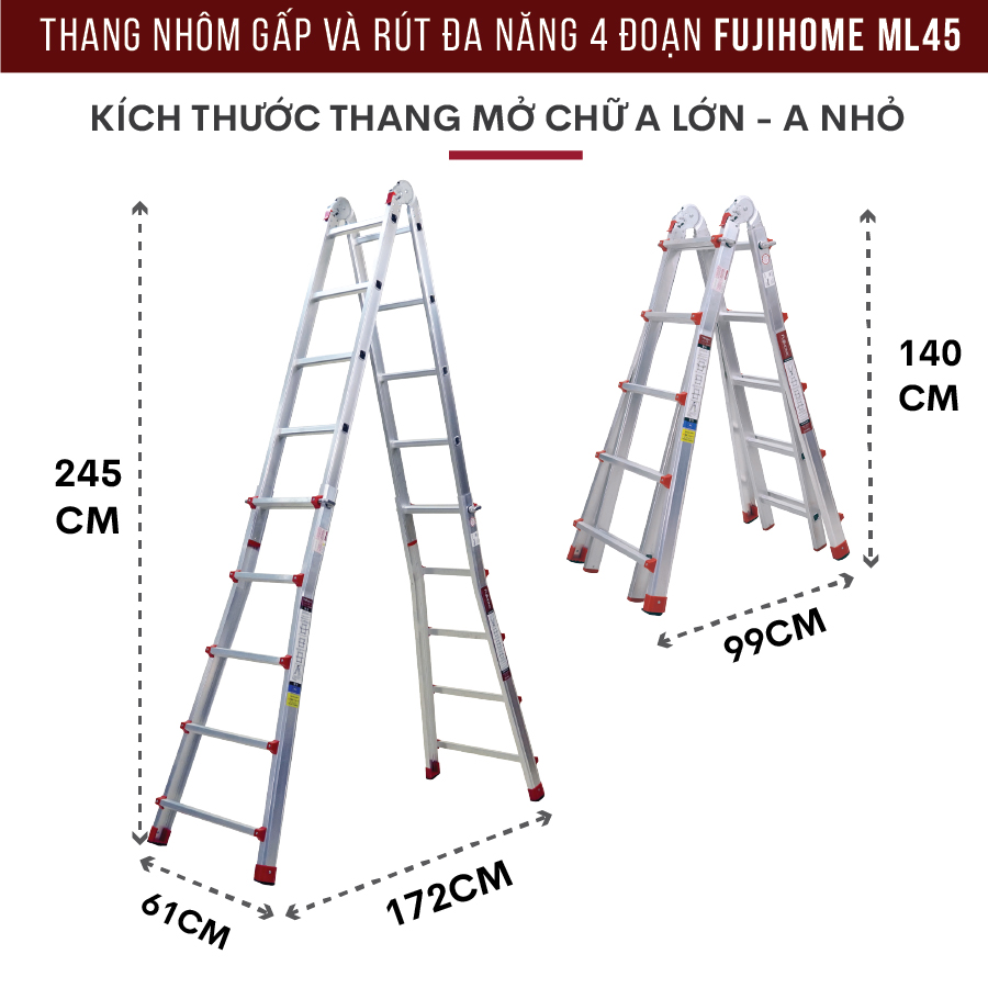 Thang nhôm gấp trượt đa năng FUJIHOME ML45, thang gấp 4 đoạn cao chữ A 2,5M, chữ I 5M, 5 kích thước sử dụng khóa chốt tự động - Hàng chính hãng