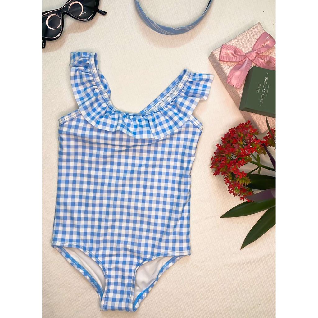 6M-5T Bikini đồ bơi đi biển 1 mảnh kẻ caro xanh trắng bé gái hở lưng dây bèo cổ yếm tròn nơ tại lưng sau chống nắng