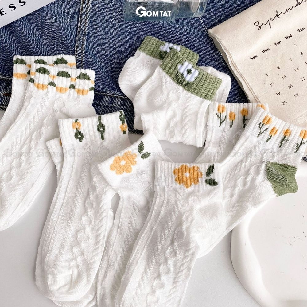 Set 5 đôi tất vớ nữ cổ ngắn GOMTAT họa tiết hoa dễ thương, chất liệu cotton mềm mịn thoáng mát, êm chân - CB093