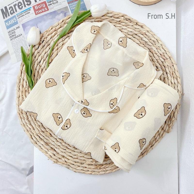 Bộ đồ ngủ nữ, bộ đồ pizama dài tay chất liệu xốp đũi Hàn mềm.