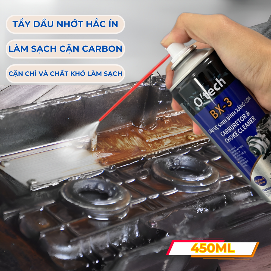 Bình xịt tẩy rửa dầu nhớt, vệ sinh bình xăng con O'TECH BX-3 (450ml) carburetor & choke cleaner, carbon cleaner