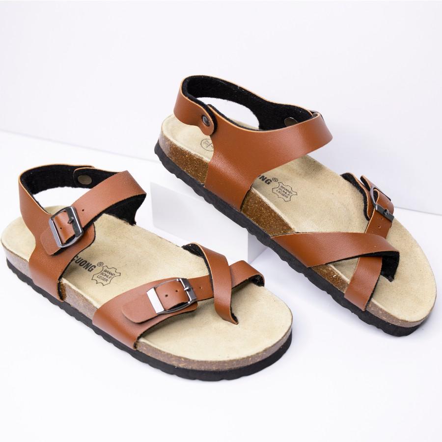 Giày Sandal Unisex HuuCuong xỏ ngón pu nâu đế trấu handmade