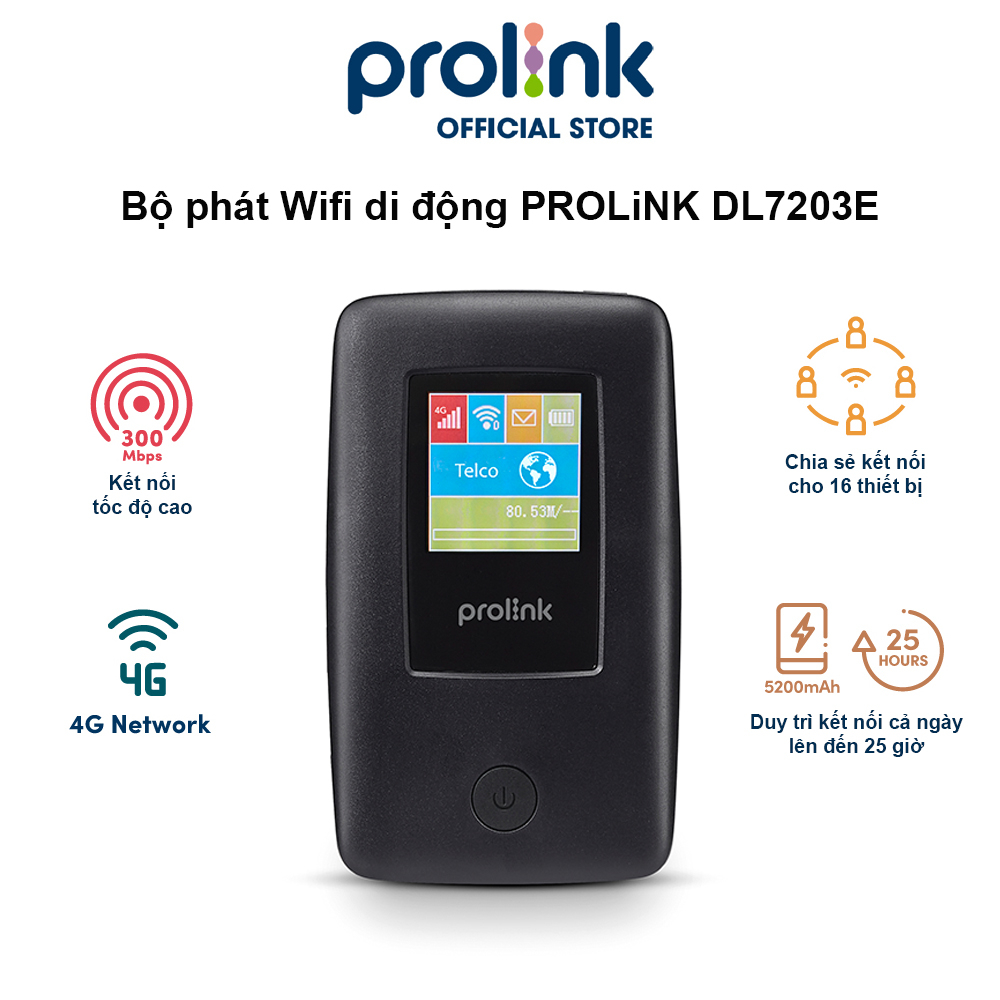 Bộ phát Wifi di động PROLiNK DL7203E, SIM 4G LTE 150Mbps, pin 5200mAH, màn hình 1.44", cổng RJ45, USB 2.0, microSD - Hàng chính hãng