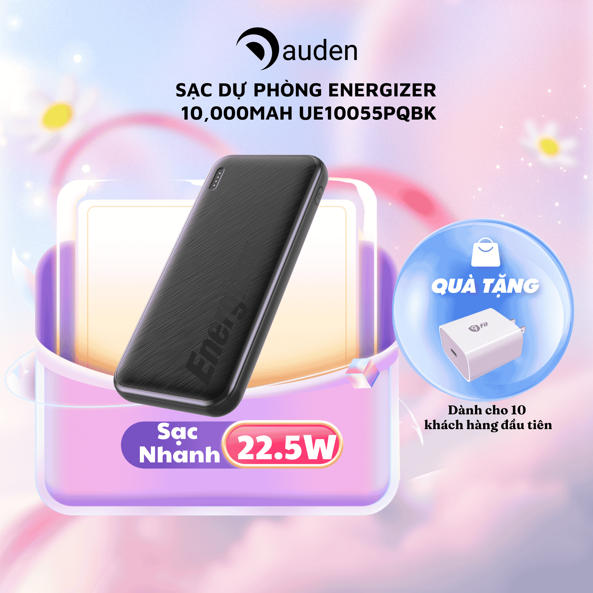 Sạc dự phòng Energizer 10,000mAh 3.7V Li-Polymer UE10055PQBK, Sạc nhanh 22.5W, bảo hành 24 tháng 1 đổi 1 - Hàng chính hãng