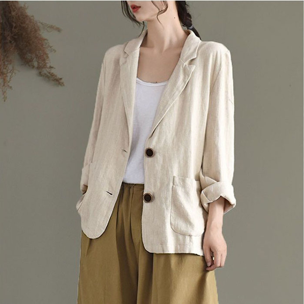 Áo khoác blazer Linen trẻ trung 2 túi dán