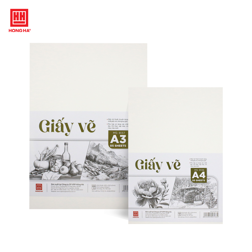 Giấy vẽ A4/A3 chuyên dụng Hồng Hà định lượng 300gsm - 8136/8137