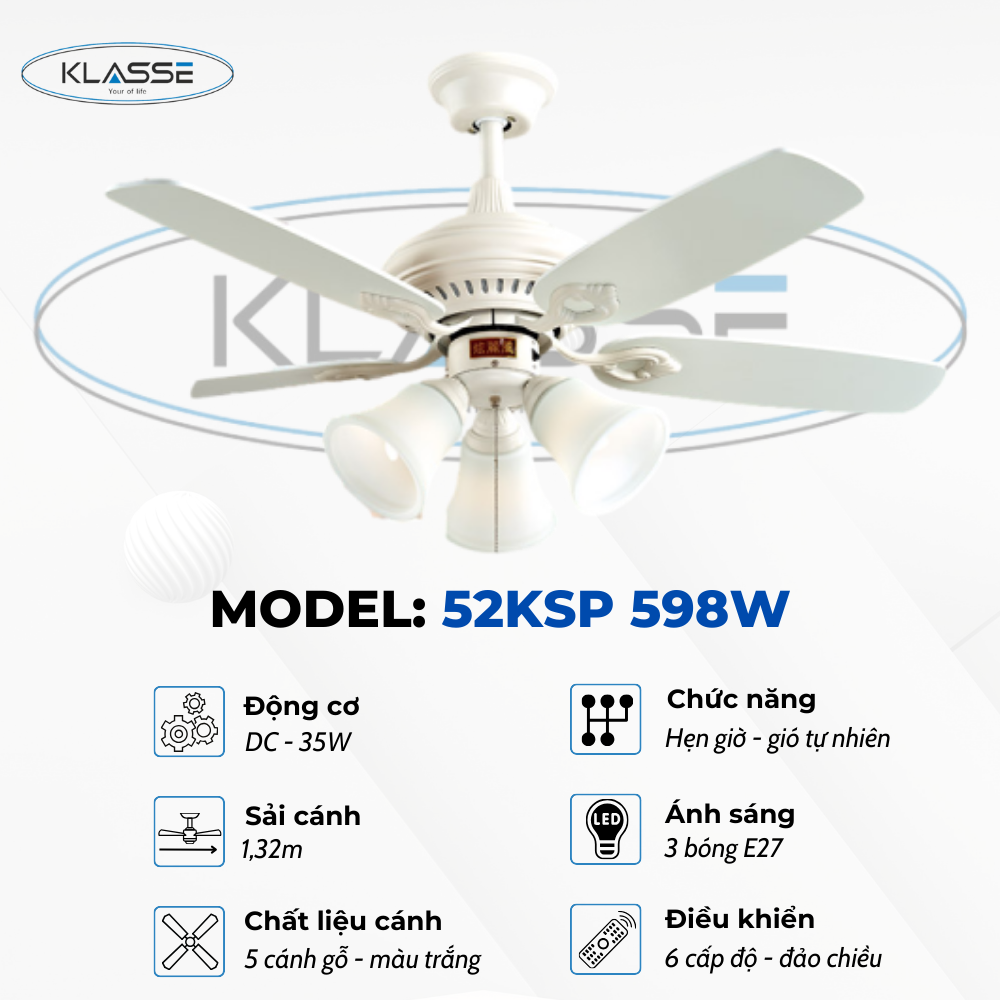Quạt trần chùm đèn Klasse 52KSP 598W Hàng chính hãng